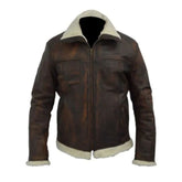 Braune Distressed-Lederjacke für Herren mit Kunstkragen